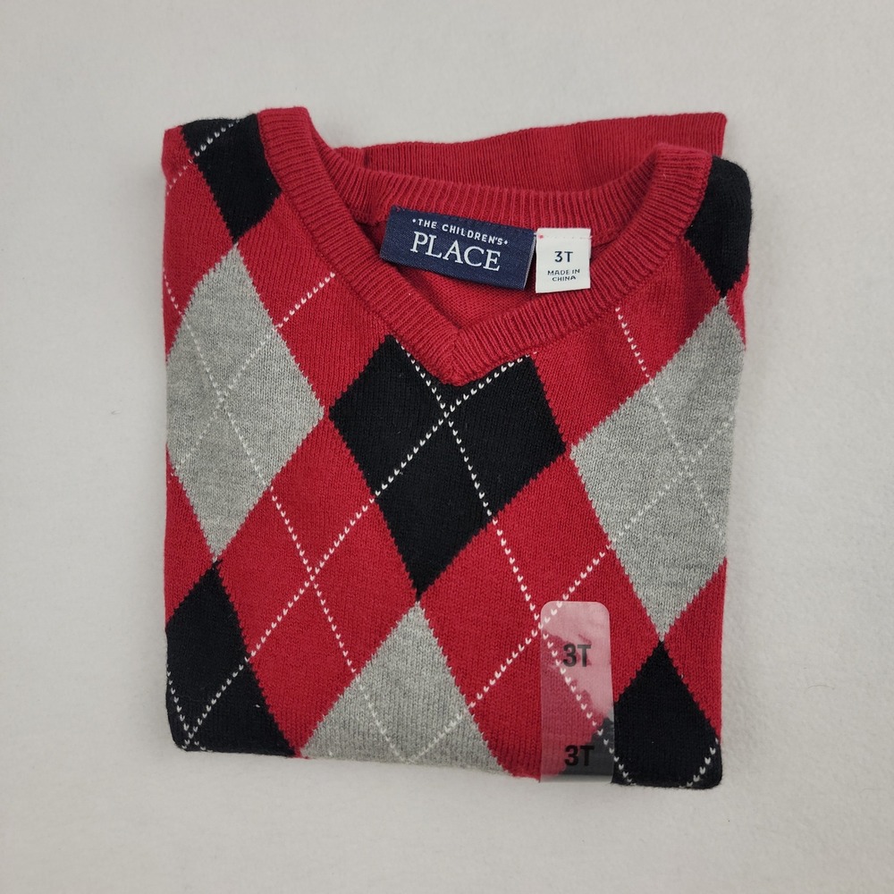 The Children's Place Kids Red Argyle V-Neck Long Sleeve Knit Sweater 3T